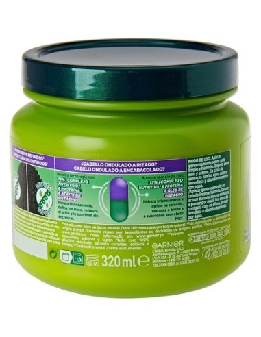 Garnier Mascarilla de Pelo Nutri Rizos Hair Bomb Proteína Aceite de Pistacho Tarro 320 Ml para Cabello Rizado U Ondulado