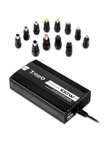 Cargador manual Universal multi tensión para portátil 100W con 1xUSB y 12 conectores - Tooq TQLC-100BS01M kiwiku.com